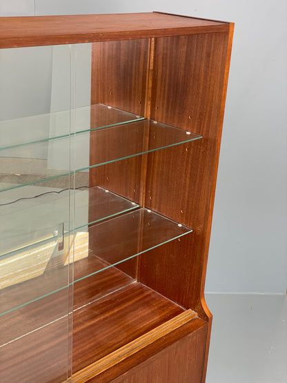 Vintage 1960s Teak Bookcase Mid Century Retro Glazed Mirrored Shelving EB13113