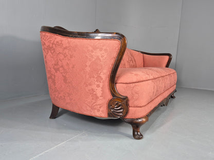 Vintage Danish Art Deco 3 Seater Sofa Carved Hardwood Frame Pink Damask EB12742