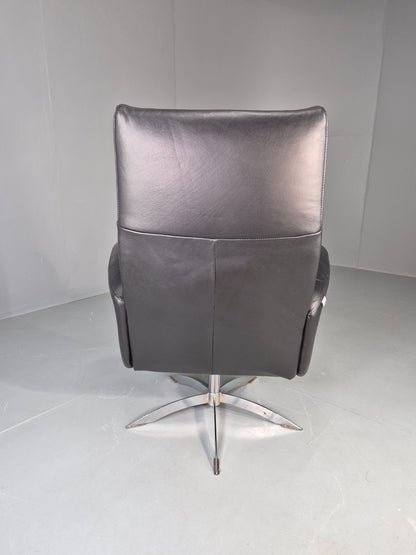 Vintage Hjort Knudsen Black Leather and Chrome Swivel Lounge Chair Retro EB13083