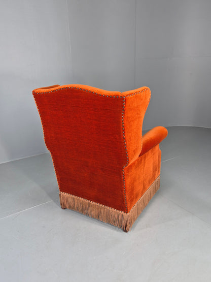 Vintage Wing Back Lounge Chair Danish 20th Century Orange Cream Tassels  EB12707