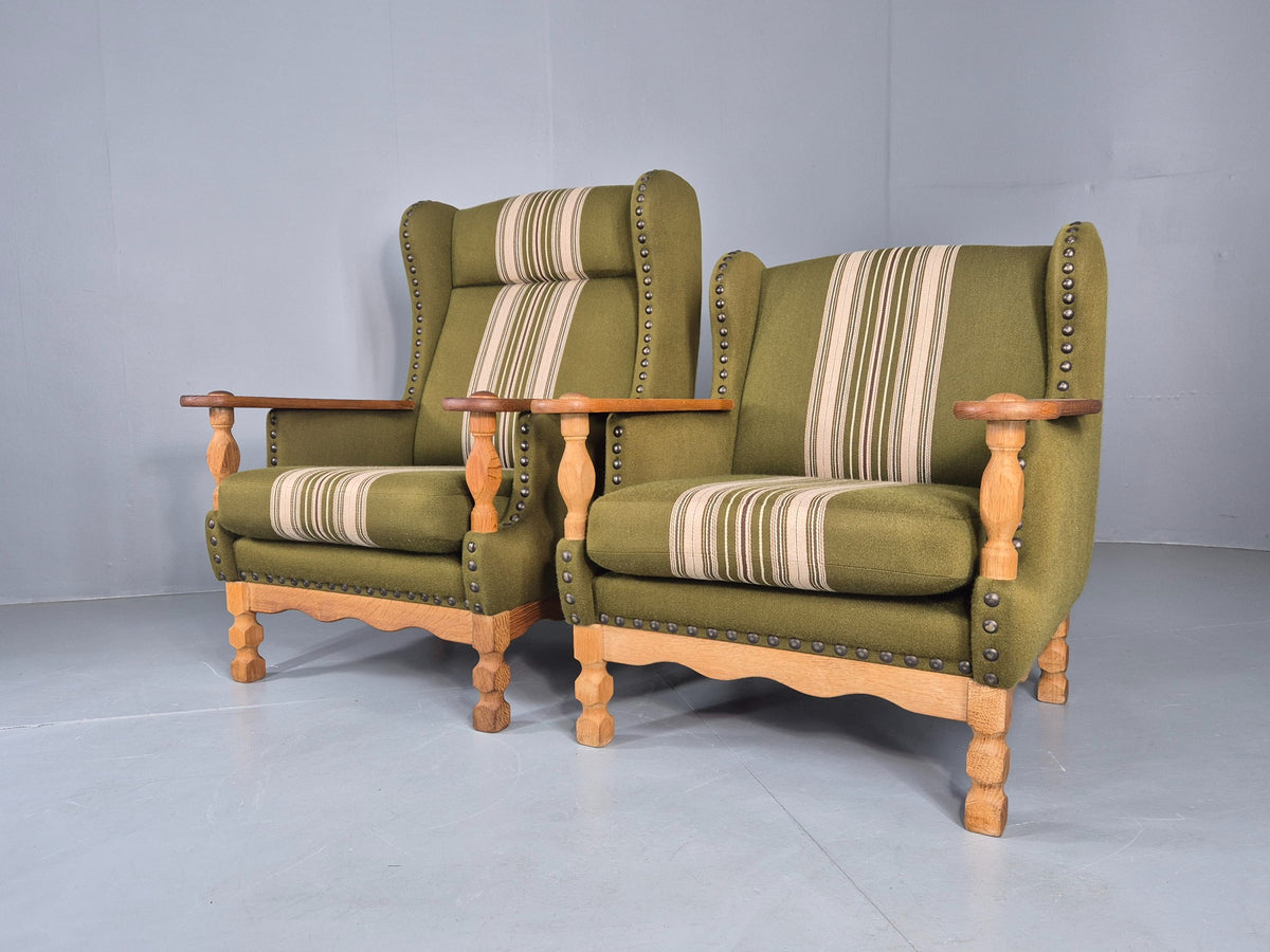 2 Vintage Lounge Chair Kjaernulf Style Oak Frames Green Wool 1970s Retro EB12687