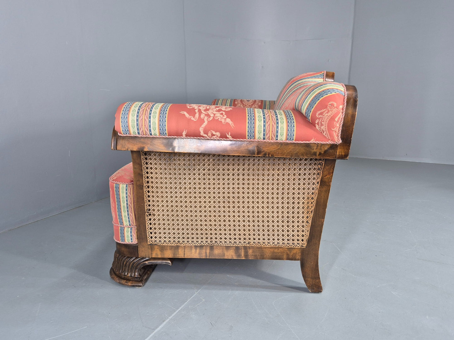 Vintage 3 Seater Sofa Art Deco Bergere Walnut Frame Cotton Colourful EB12734