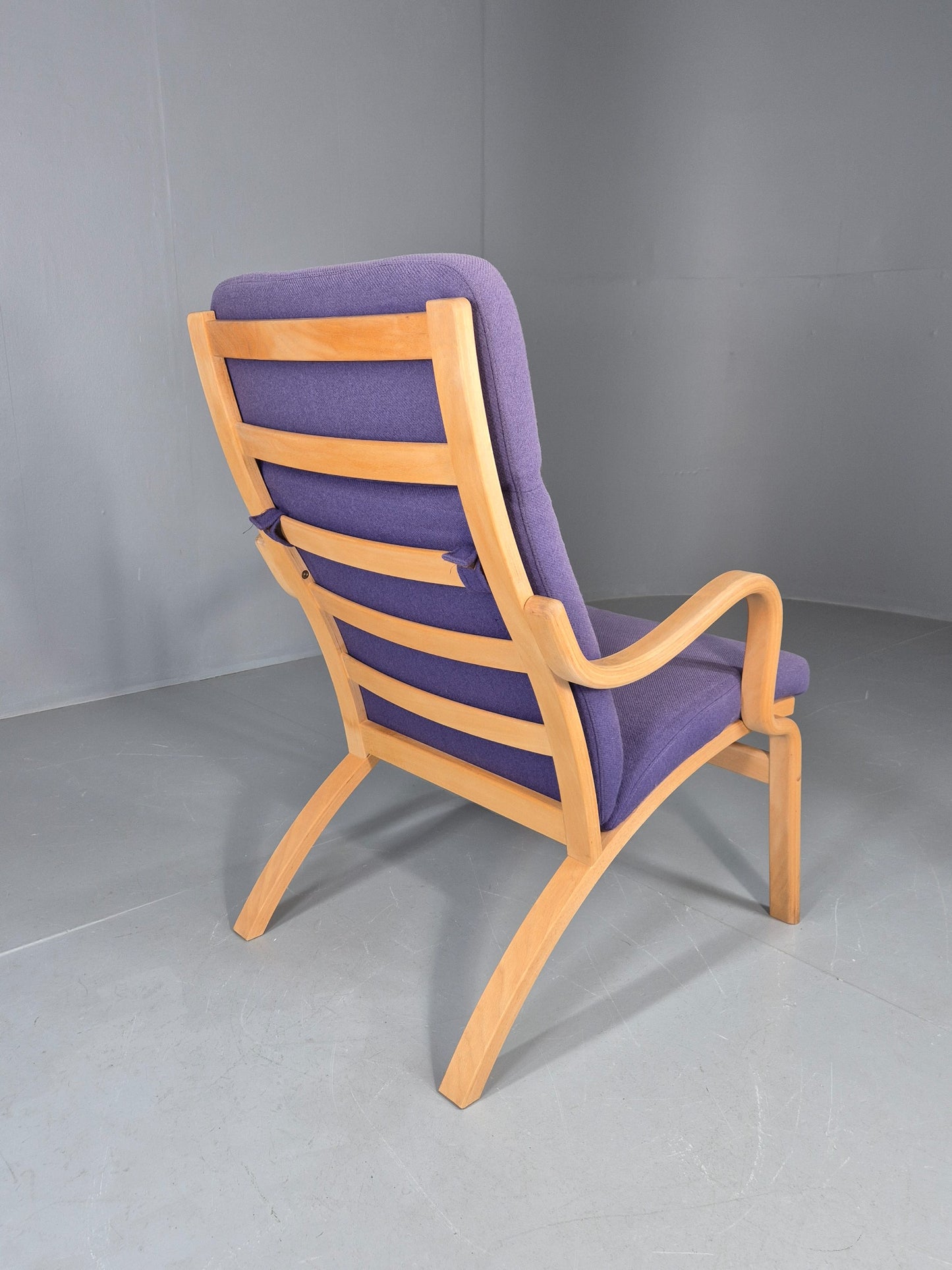 Vintage Mid Century Lounge Chair Bentwood Frame Danish Purple Wool 1980s EB12136