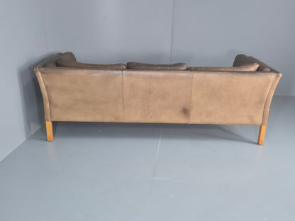 Vintage Danish 3 Seater Sofa 1970s Brown Leather Patinated Retro MCM EB12412