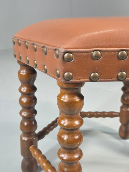 Vintage Stool Brown Vinyl Upholstery Oak Bobbin Turned Frame Hexagonal EB11306