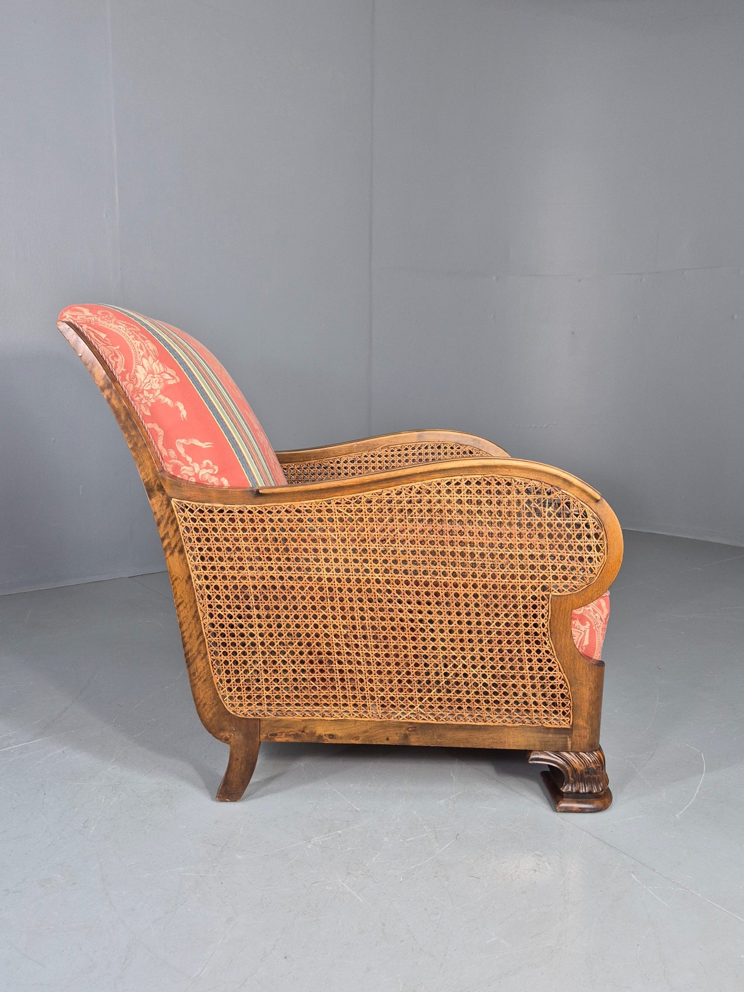 Vintage Danish Arm Chair Bergere Sides Carved Beech Frame 1920s EB12675