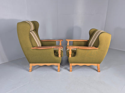 2 Vintage Lounge Chair Kjaernulf Style Oak Frames Green Wool 1970s Retro EB12687