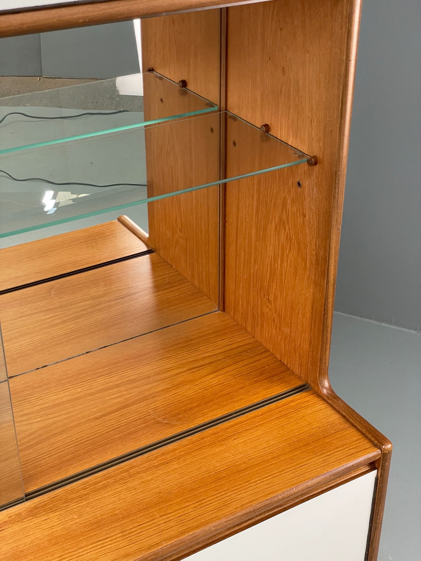 Vintage 1960s Cocktail Cabinet Teak White Formica Glazed Shelving EB12081
