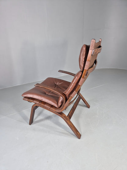 Vintage 1970s Leather Lounge Chair Farstrup Denmark Bentwood Frame Retro EB12312