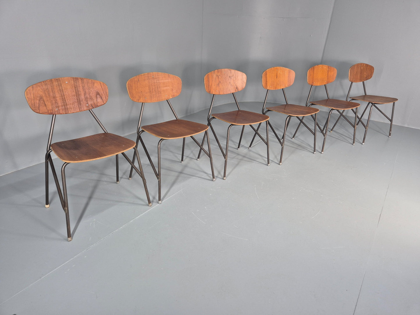 6 Vintage Danish Stacking Chair Industrial Steel and Teak Ply Retro MCM  EB12475
