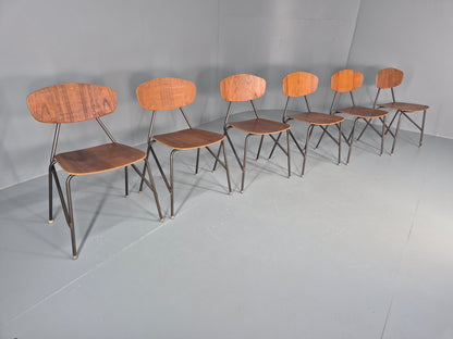 6 Vintage Danish Stacking Chair Industrial Steel and Teak Ply Retro MCM  EB12475