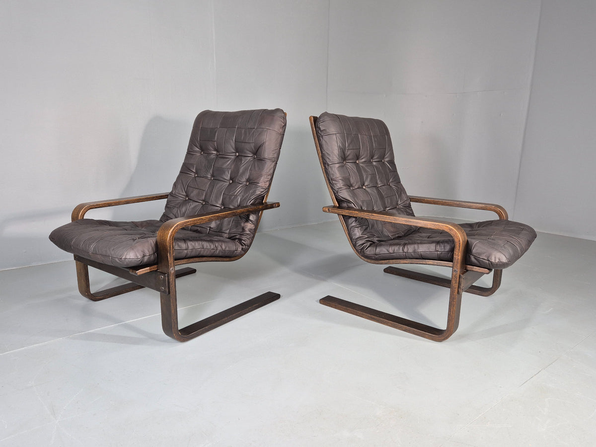 2 Vintage Leather Lounge Chairs 1970s Danish Bentwood MCM Retro  EB13080