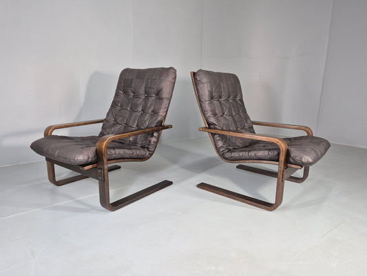 2 Vintage Leather Lounge Chairs 1970s Danish Bentwood MCM Retro  EB13080