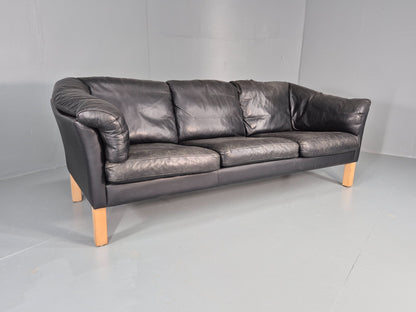 Vintage 3 Seat Sofa Danish Black Leather 1980s Retro EB8626 M3SS