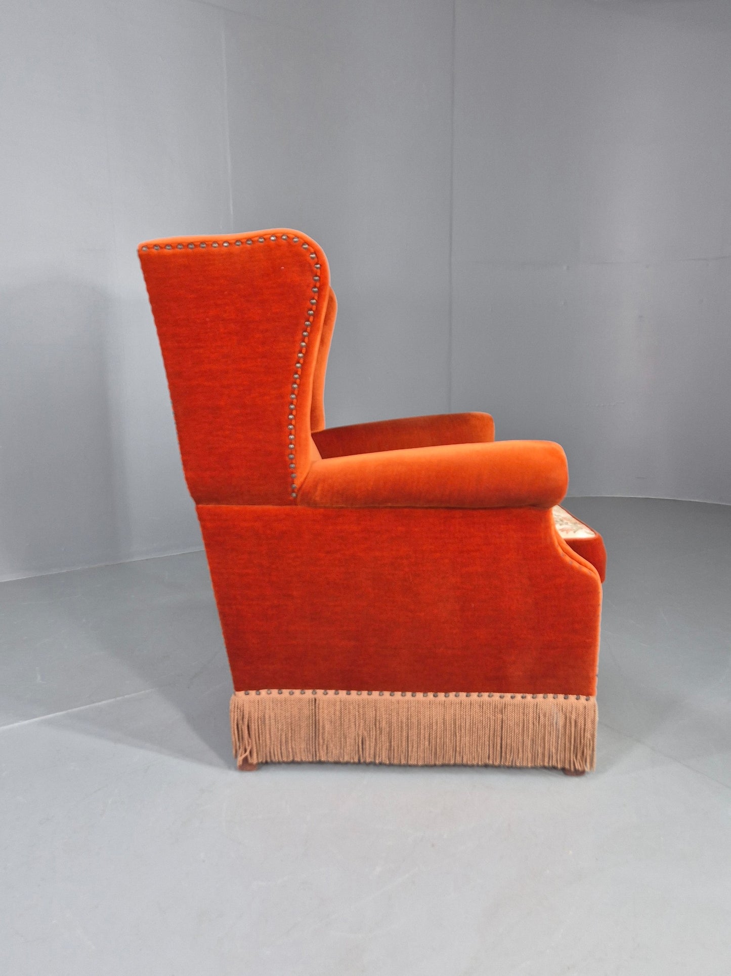 Vintage Wing Back Lounge Chair Danish 20th Century Orange Cream Tassels  EB12707