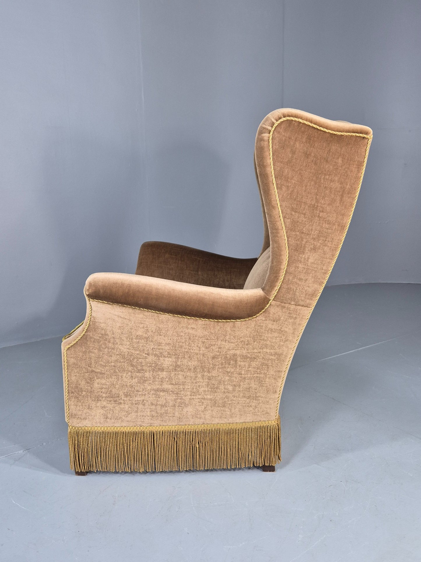 Vintage Wingback Lounge Chair Danish 20th Century Green Velvet Velour EB12706
