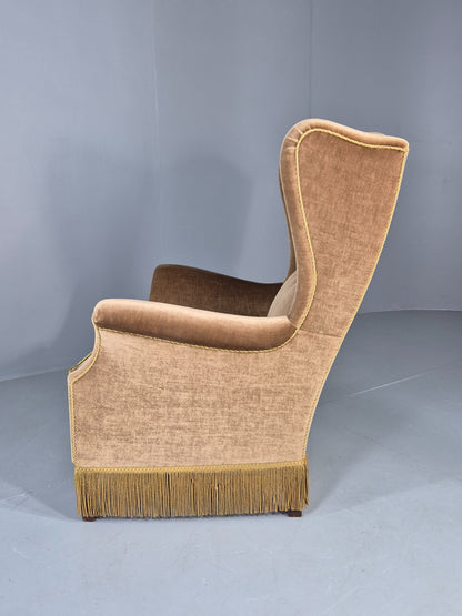 Vintage Wingback Lounge Chair Danish 20th Century Green Velvet Velour EB12706