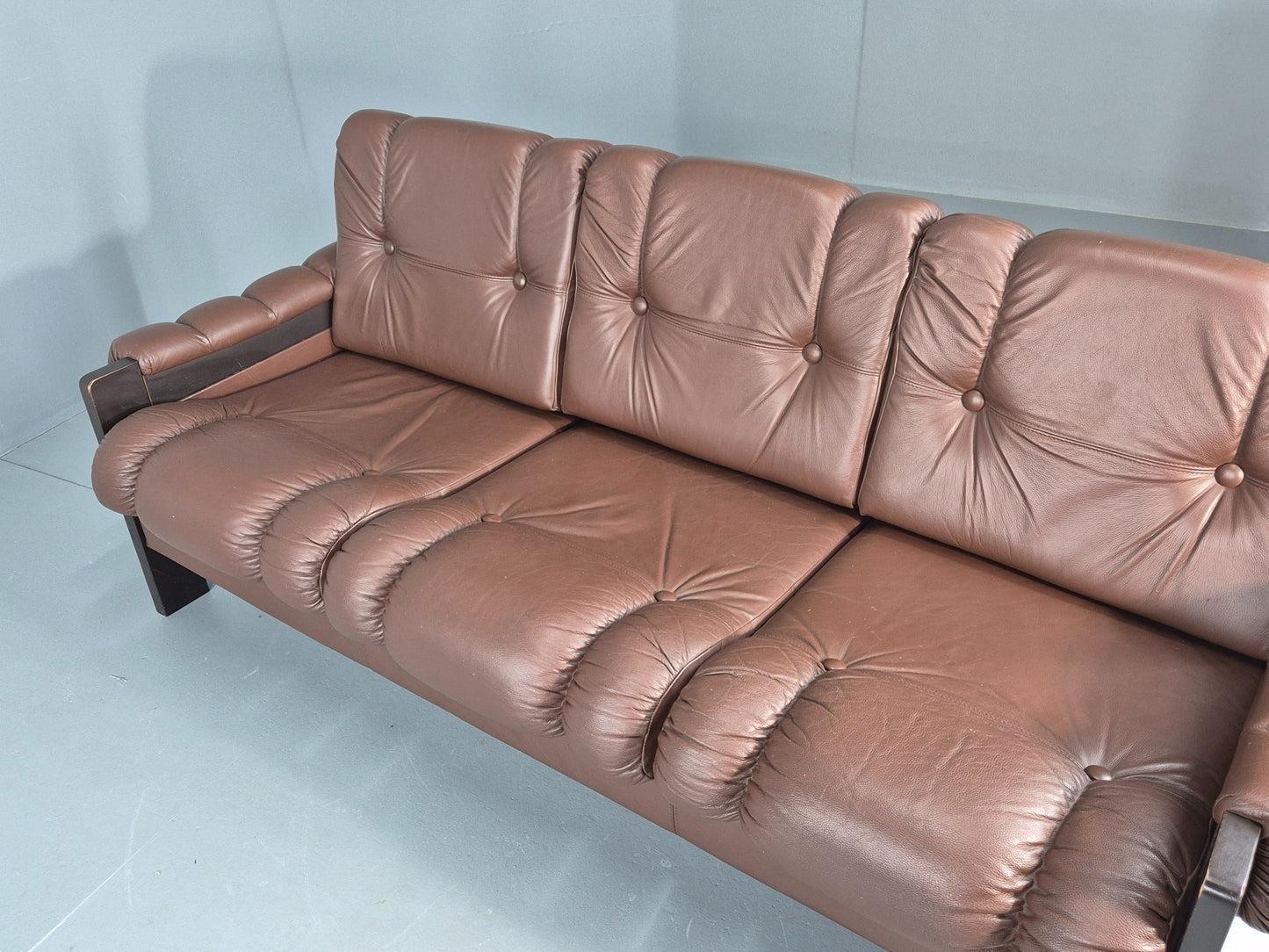 Vintage 3 Seater Sofa Danish Brown Leather 1970s Retro Mid Century EB12449