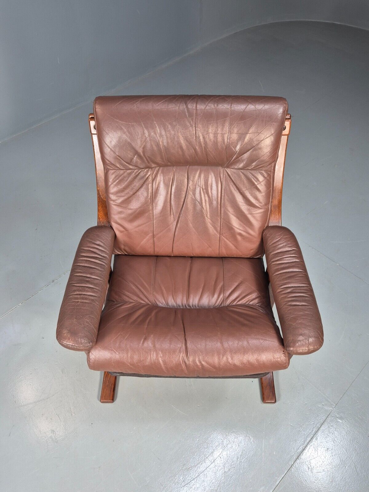 Vintage Danish Lounge Chair Brown Leather Bentwood Frame 1970s Retro EB8633 MBEN