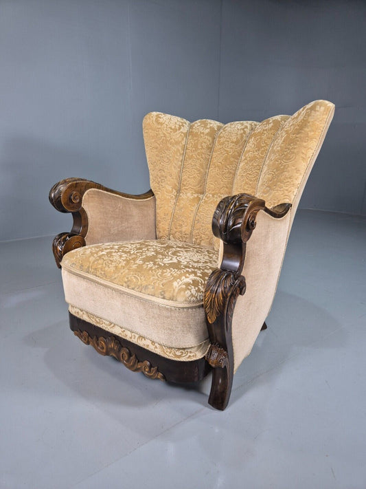 Vintage Danish Lounge Chair Beige Gold Upholstery Carved Frame 1930s EB7779 VCAR