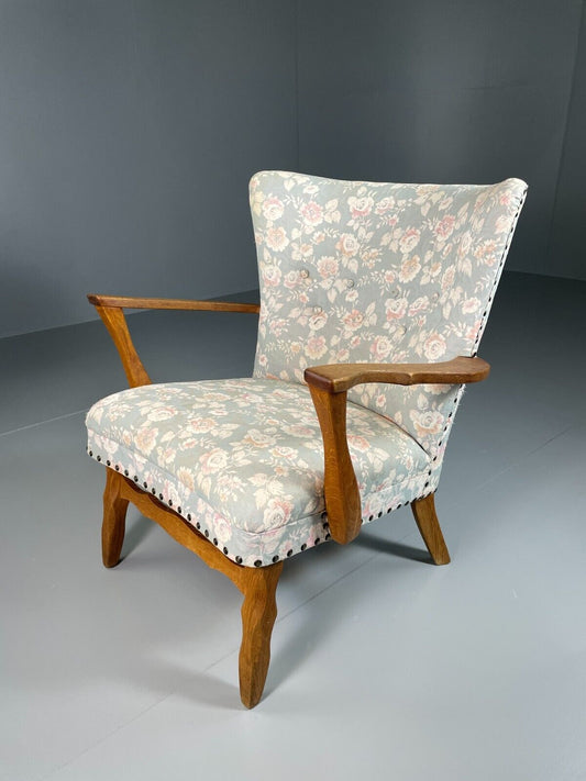 EB6439 Vintage Danish Chair Kjaernulf Style Floral Oak 1970s Mid Century MNOR