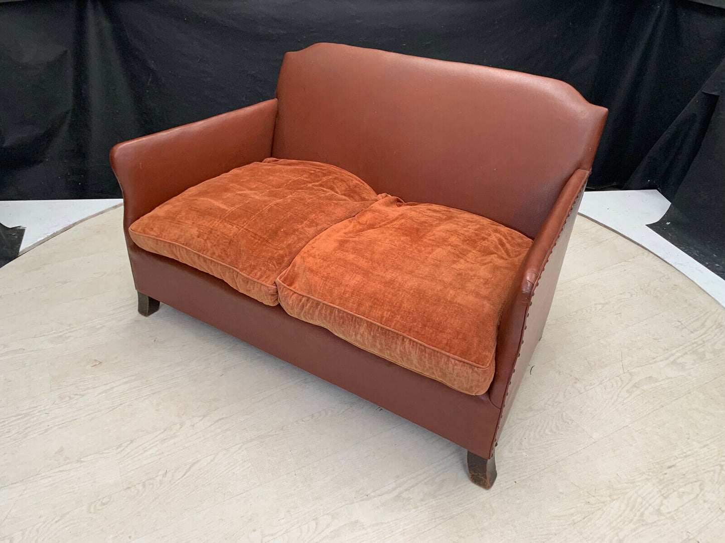 EB2609 1930s Brown Vinyl & Orange Velour Two Seater Sofa Mid-Century Modern M2SS