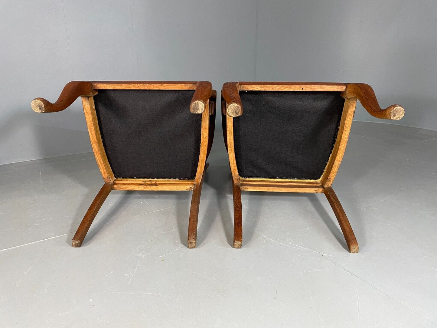 EB6953 2 Vintage Danish Elbow Chairs Oak Gold Upholstery Antique VCAR