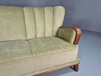 Vintage Danish 3 Seat Sofa Green Velour Oak Detail Art Deco 1930s EB7828 M3SS