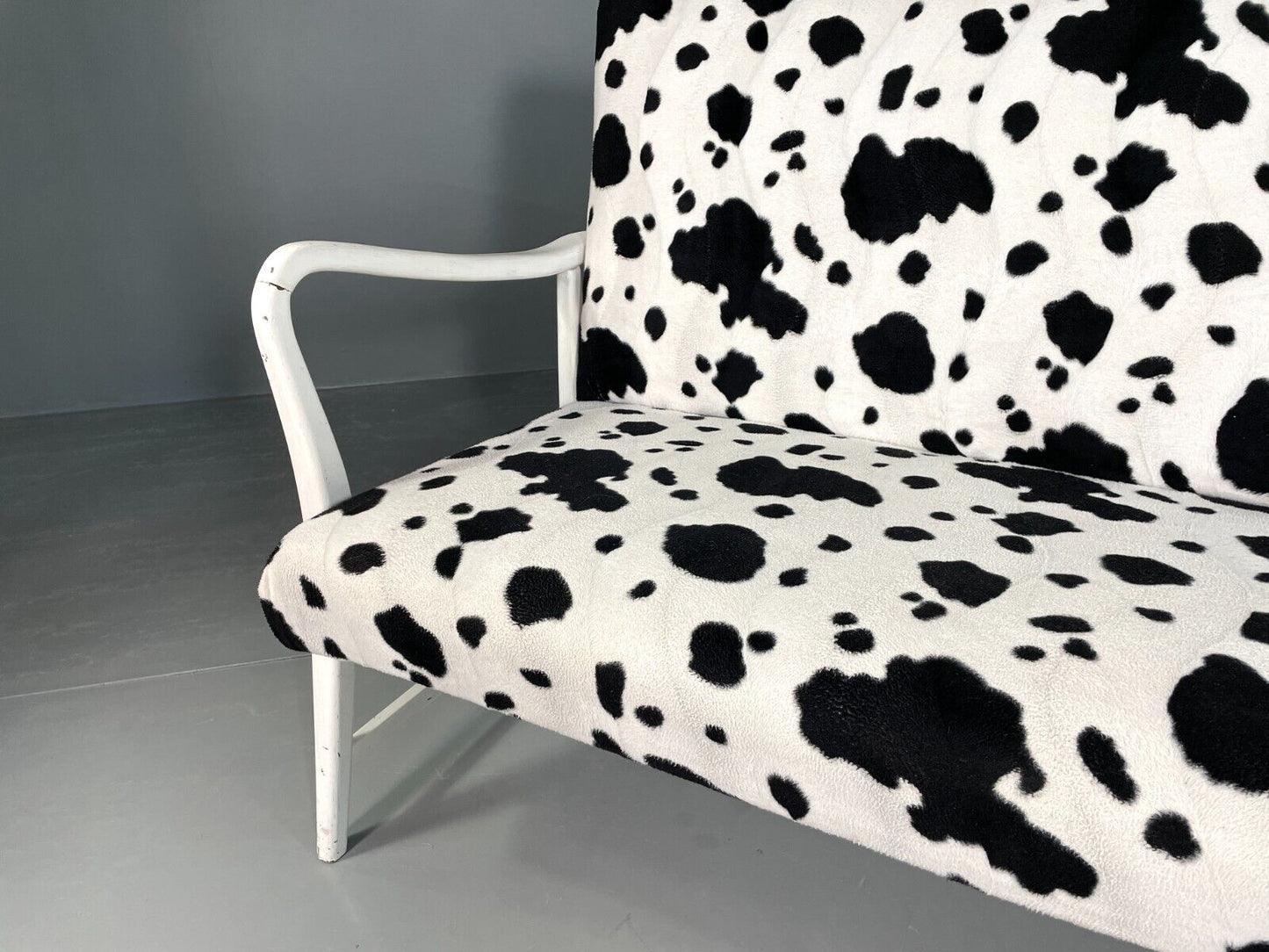 EB6448 Vintage 2 Seat Danish Sofa Painted White Cow Print Cover Retro MCM M2SS