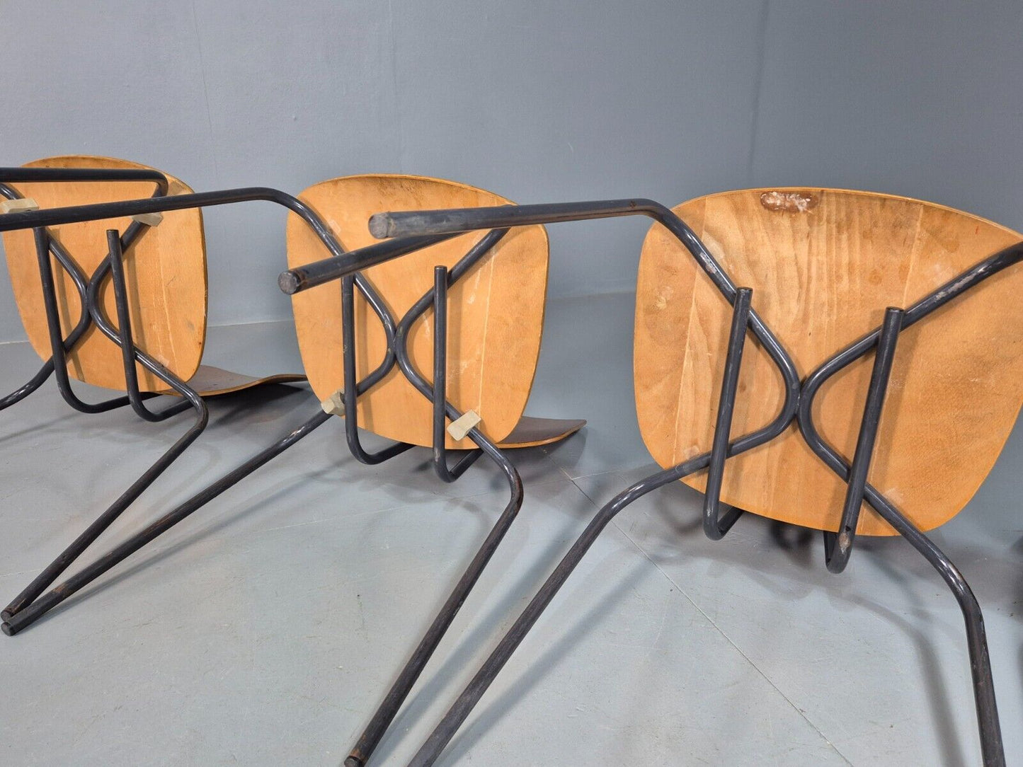 4 Vintage Danish Stacking Chairs Teak Plywood Steel Frame 1960 Retro EB8366 MSTA