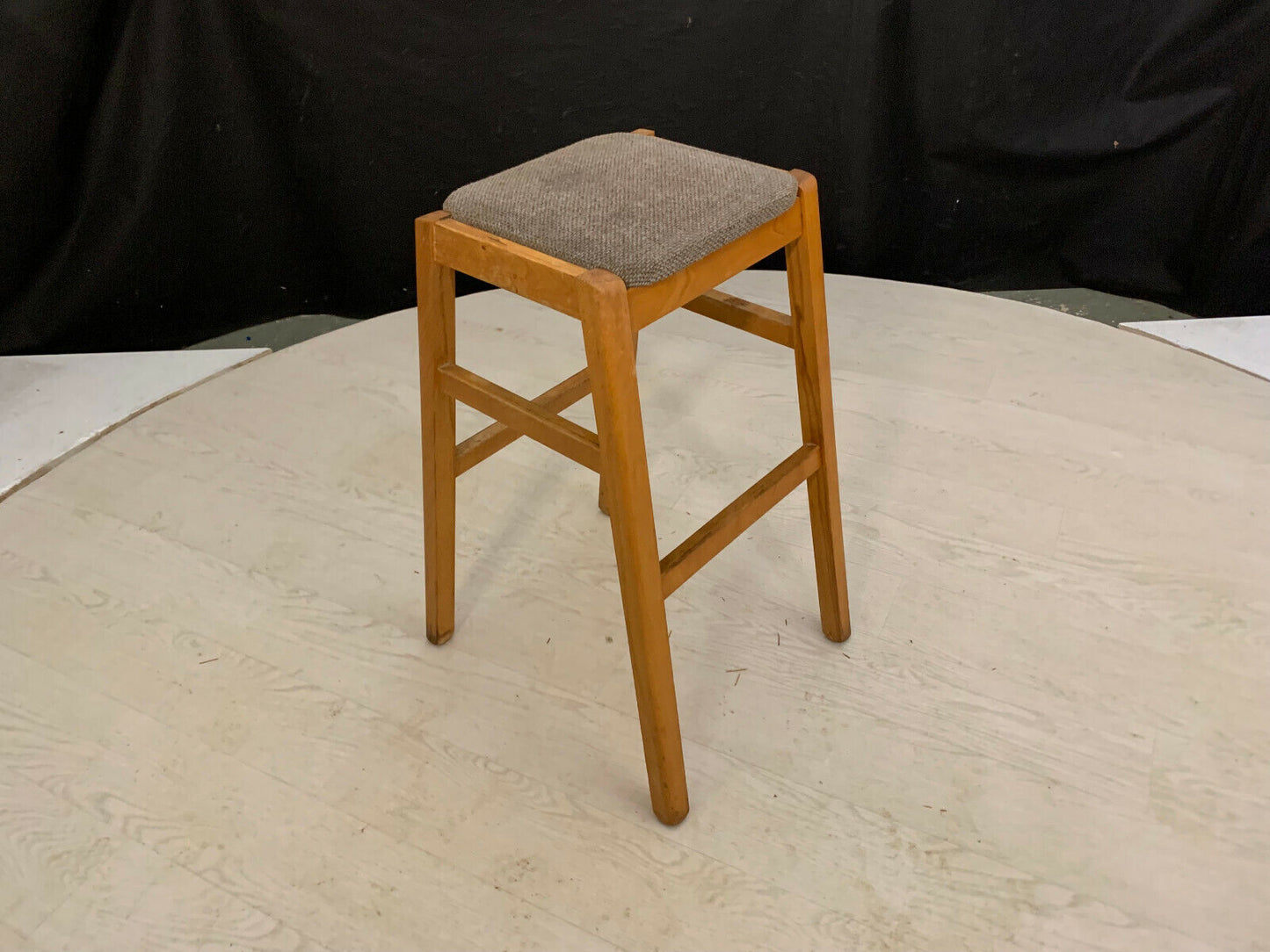 EB2360 Beech Stool with Beige Wool Seat Cushion Vintage Kitchen Dining Bar MDIN