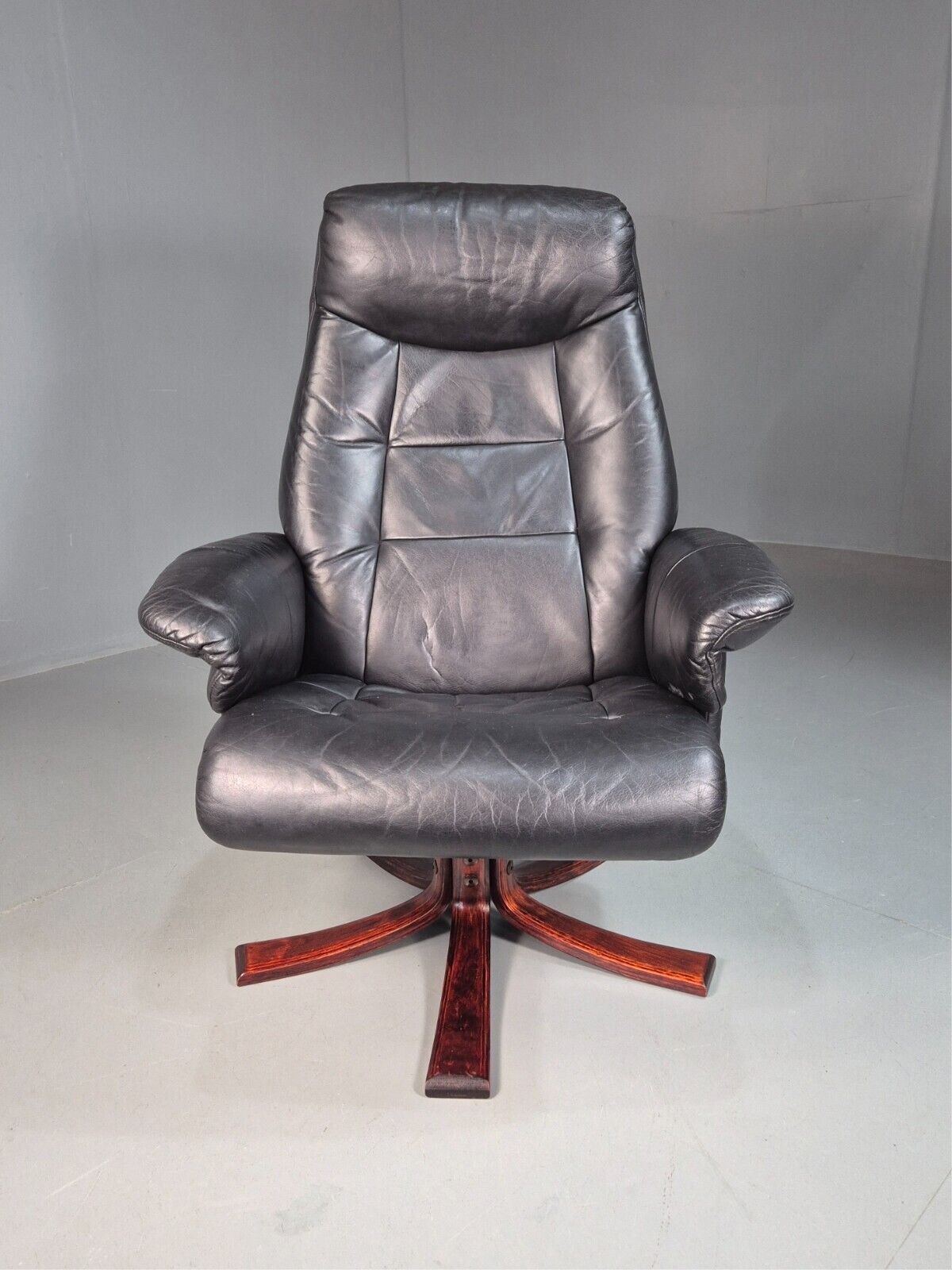 Vintage Danish Swivel Lounge Chair Black Leather Recline 1980 Retro EB8249 MSWI