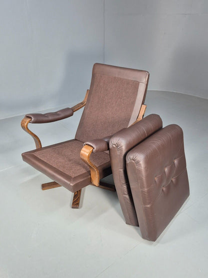 Vintage Danish Swivel Lounge Chair Brown Leather Bentwood 1970s MCM  EB8554 MBEN