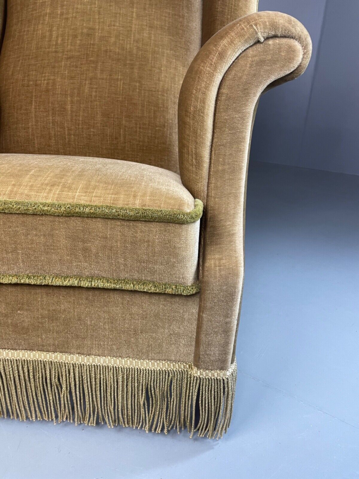 EB4894 Vintage Danish Olive Green Wingback Armchair, tassel, 1950s, 1960s VCLO