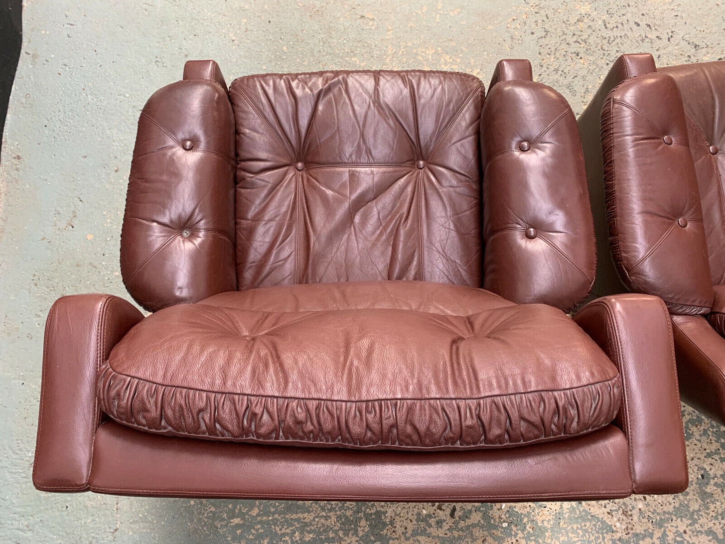 EB1730 Pair of Danish Brown Leather High & Low Back Lounge Chairs Vintage VLEA