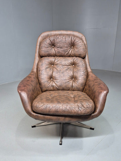 Vintage Danish Swivel Lounge Chair Brown Vinyl Egg Shape Retro 1970s EB8274 MSWI