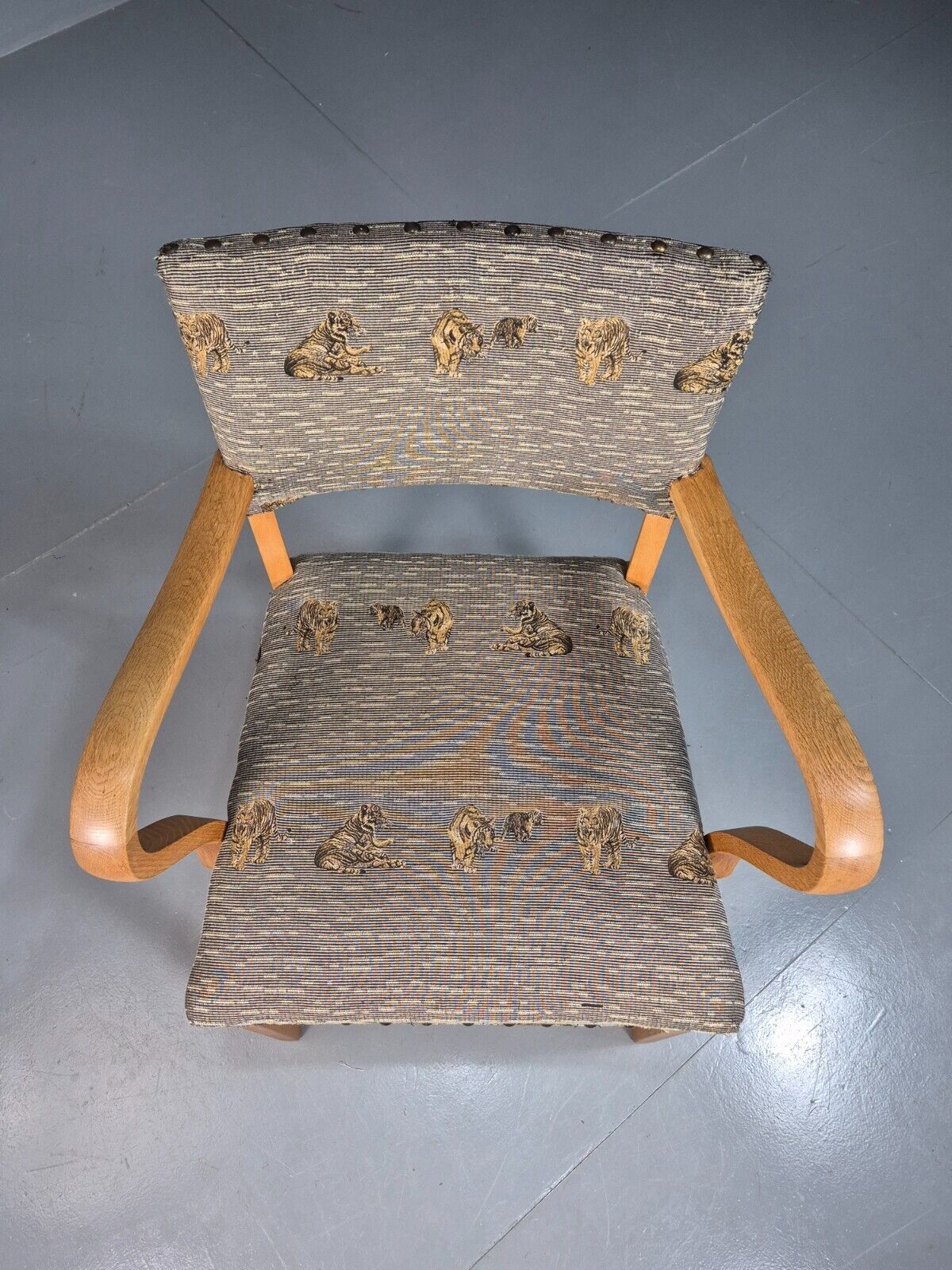 Vintage Danish Elbow Chair Tiger Motif Grey Beech Wood 1950s Retro EB8005 MDIN