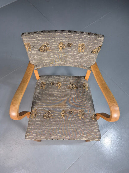 Vintage Danish Elbow Chair Tiger Motif Grey Beech Wood 1950s Retro EB8005 MDIN