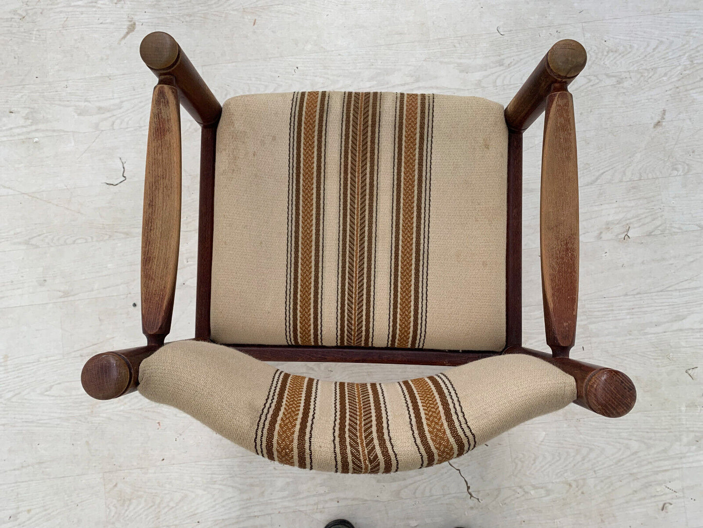 EB3476 Danish Stained Beech & Brown Striped Wool Elbow Chair Retro Vintage MDIN