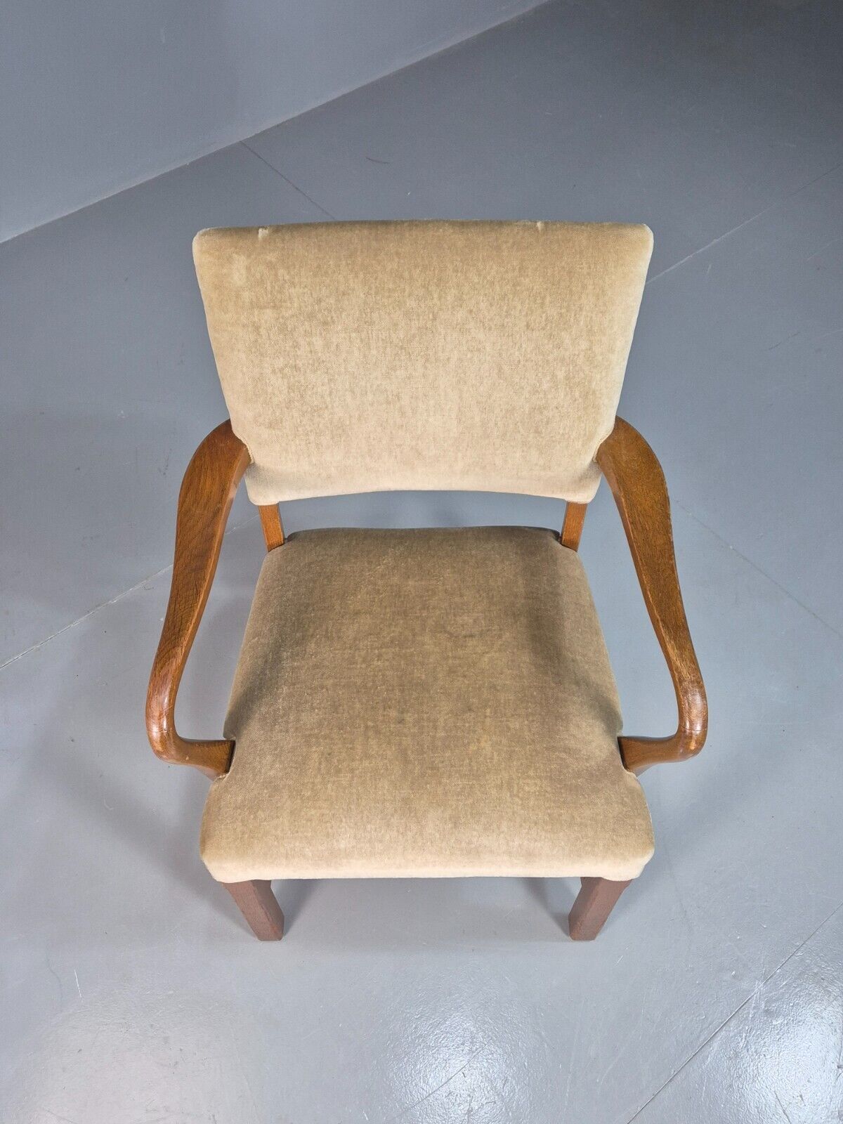 Vintage Danish Oak And Light Green Velour Elbow Chair EB8010 VDIN