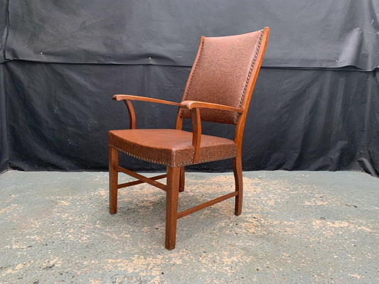 EB1949 Danish Oak & Brown Vinyl High-Back Arm Chair Elbow Desk Vintage VDIN