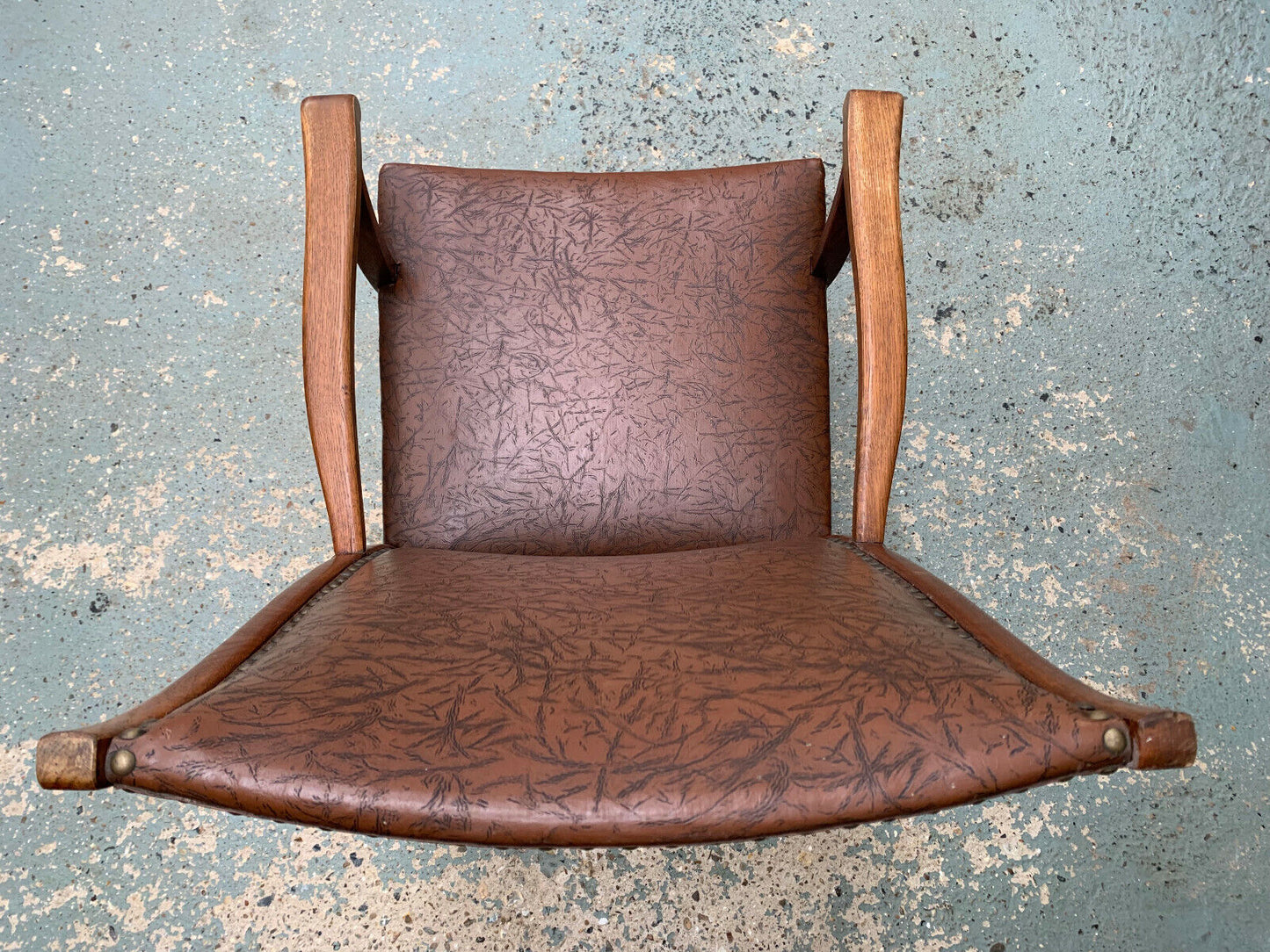 EB1949 Danish Oak & Brown Vinyl High-Back Arm Chair Elbow Desk Vintage VDIN