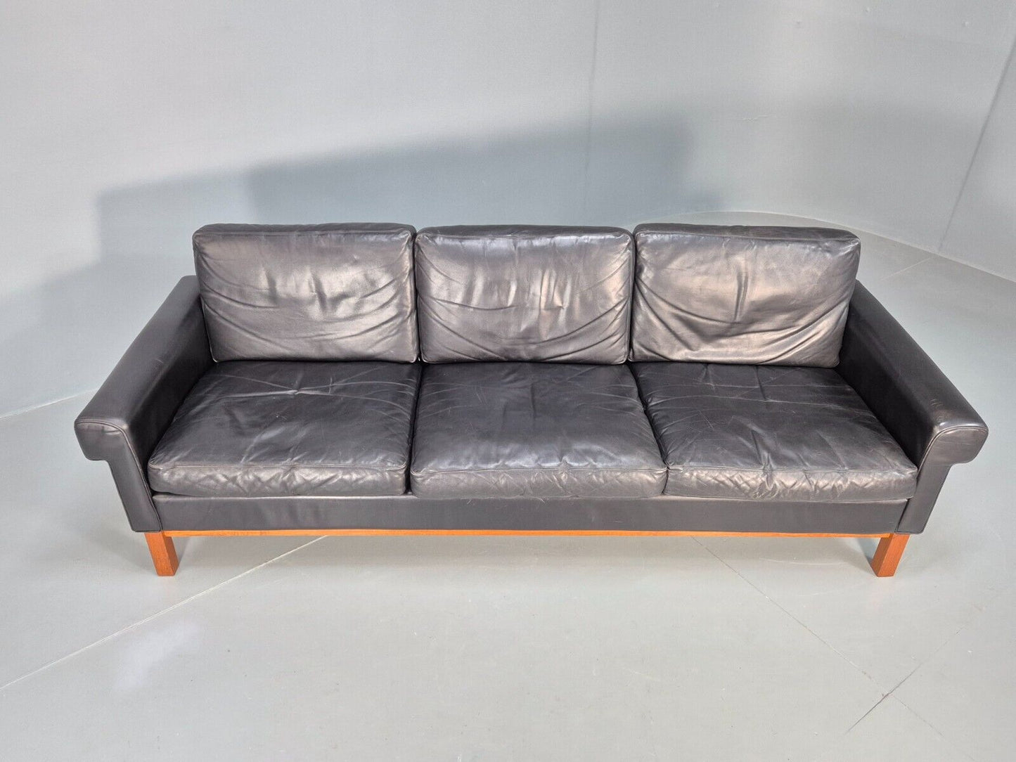 Vintage Swedish 3 Seat Sofa Black Leather Teak Base Retro 1960s MCM EB7756 M3SS