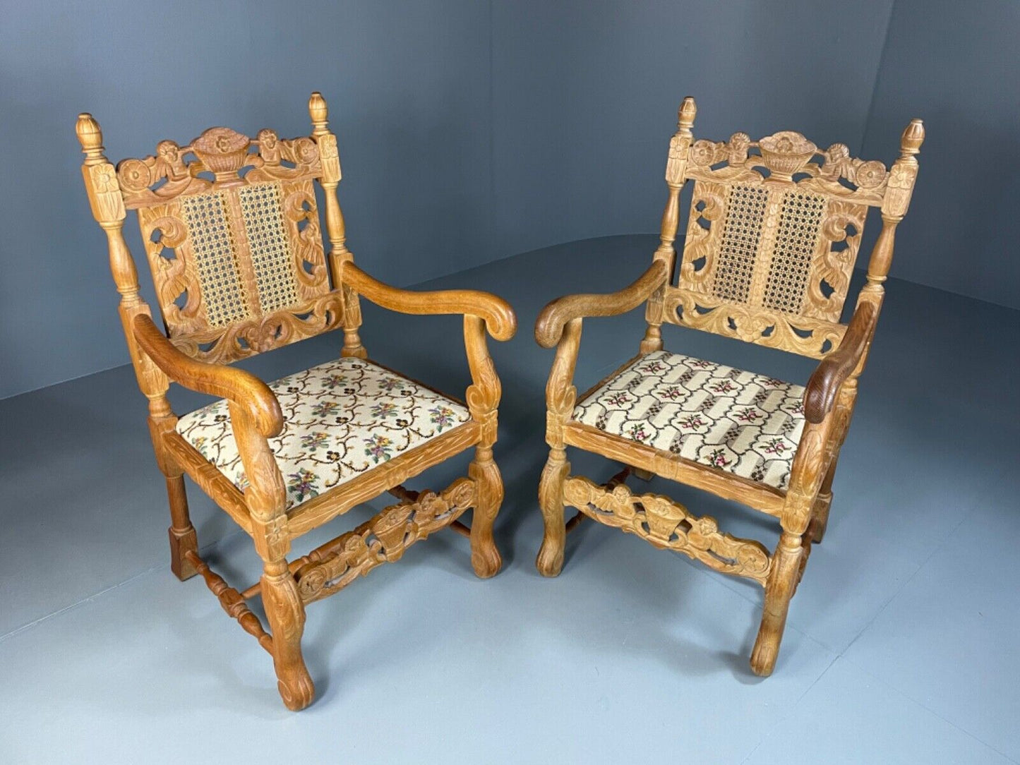 EB5172 2 Vintage Danish Carved Oak Elbow Chairs. Carolean Style, Antique VCAR