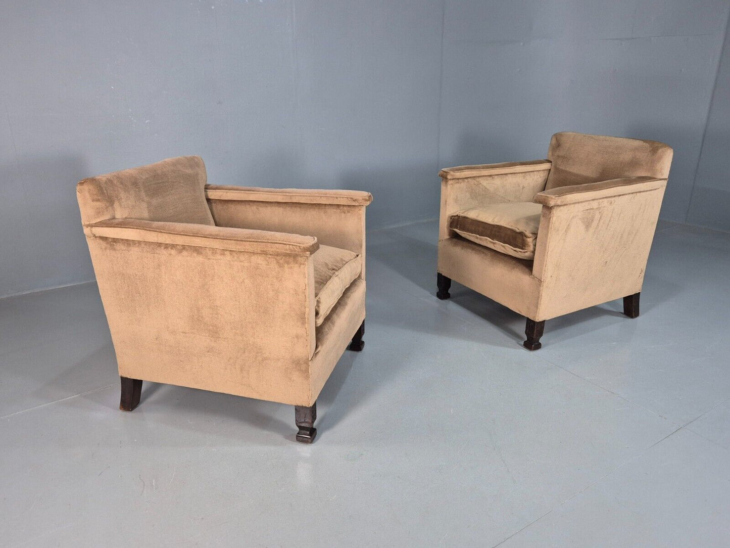 2 Vintage Lounge Chairs, Beige Velour 1940s Art Deco Antique EB8382 VCLO