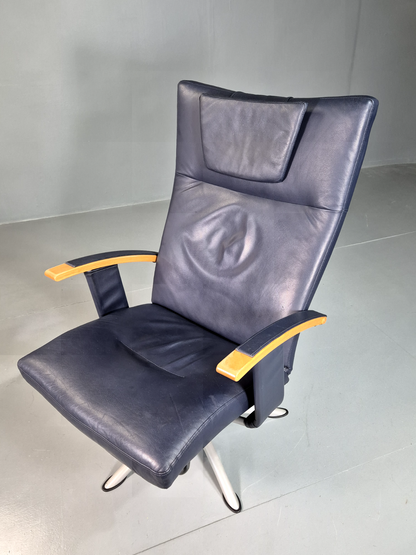 EB7335 Vintage Swedish Swivel Recline Lounge Chair Blue Leather 1980s Retro MSWI