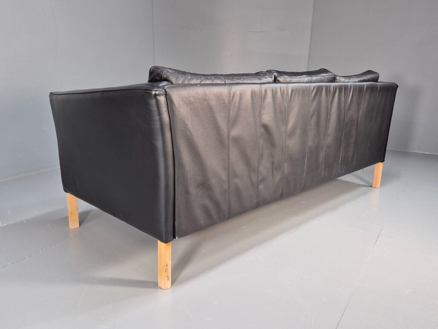 Vintage Danish 3 Seat Sofa Black Leather and Vinyl Straight Back EB8616 M3SS