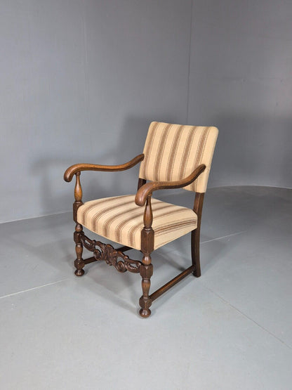 Vintage Danish Elbow Chair Cream Stripe Oak Frame 1950s Repro EB8084 VDIN