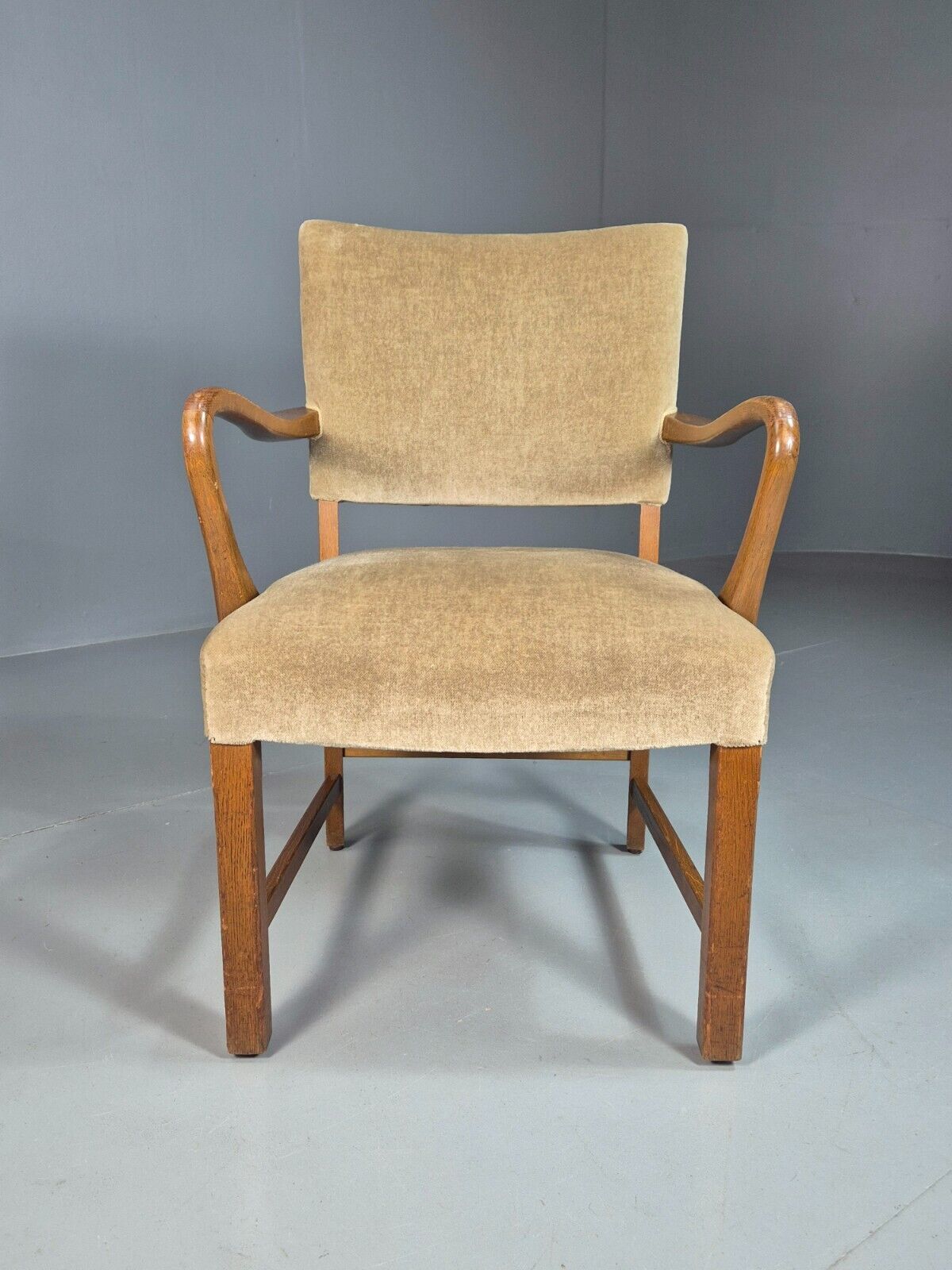 Vintage Danish Oak And Light Green Velour Elbow Chair EB8010 VDIN