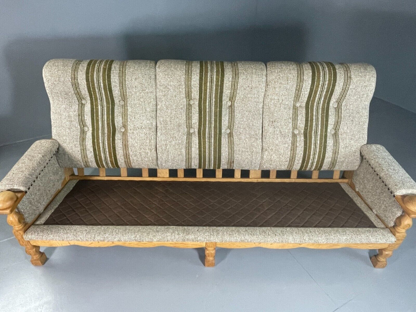 EB6507 Vintage Danish 3 Seat Sofa Grey Green Wool Oak Frame 1970s Retro V3SS